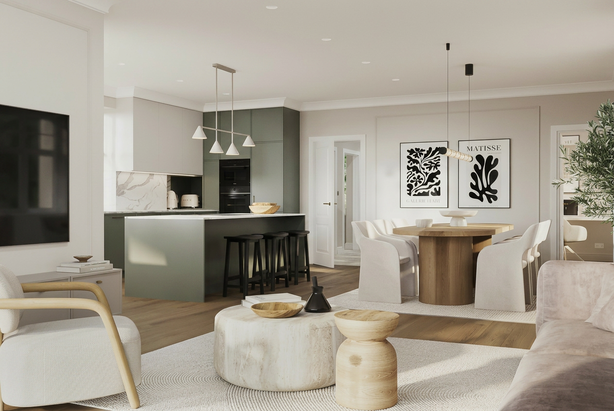 Pomona Grove kitchen and dining CGI